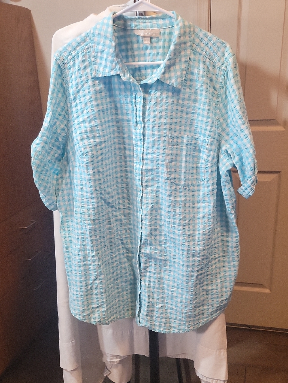 Woman Within Aqua Blue Checked Short Sleeve Button-Front Shirt